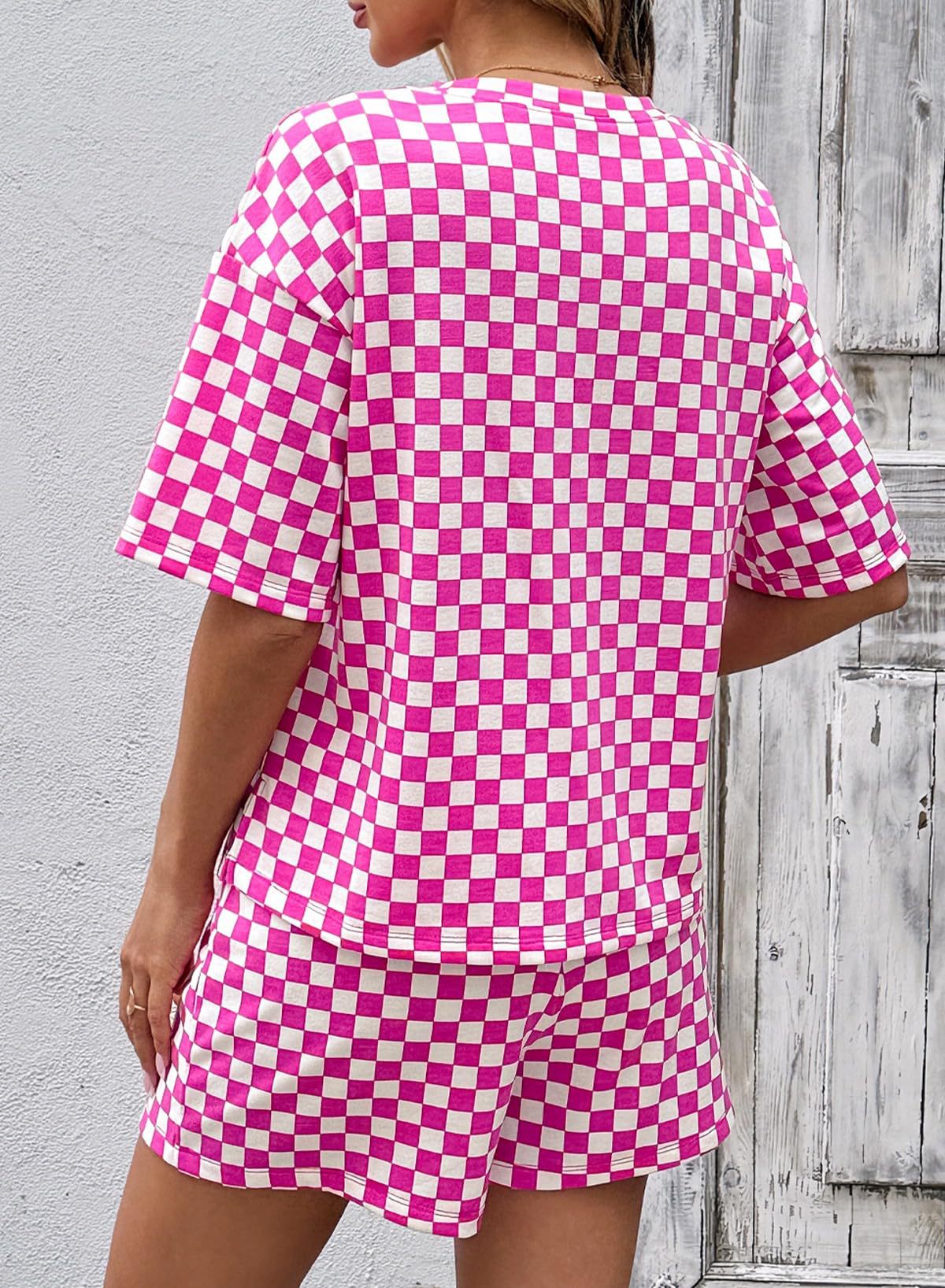 Women's Checkerboard Lounge Set Drawstring Shorts Casual