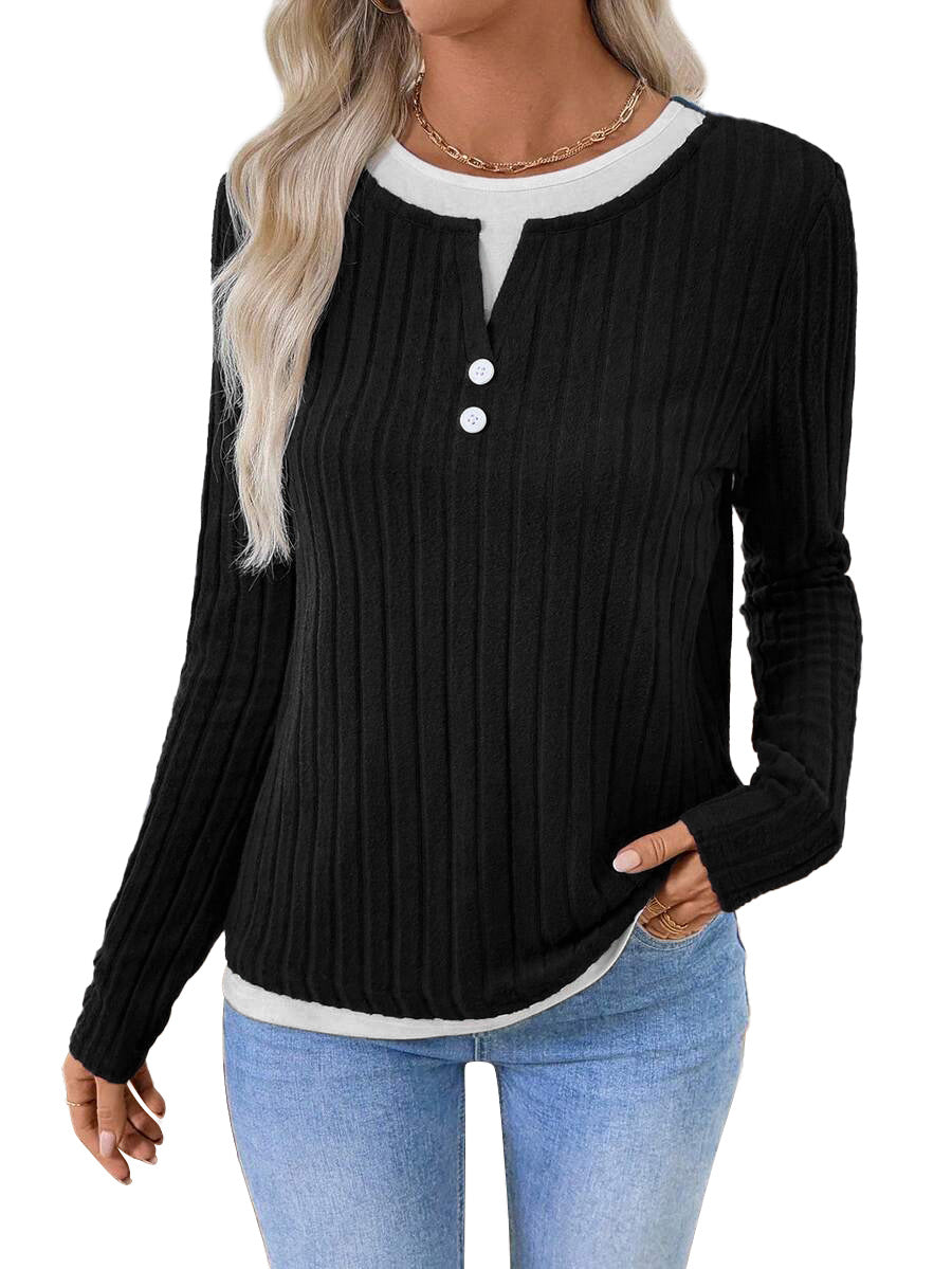 Solid Brushed Knit Top Casual Ribbed Henley Tee