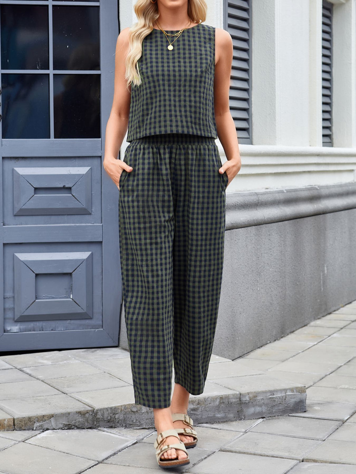 Women's Plaid Sleeveless Top & Pants Two Piece Set