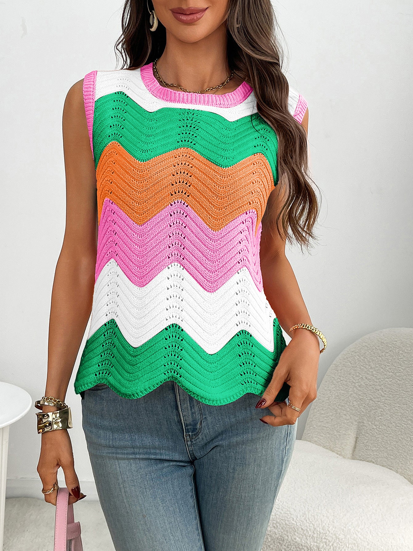 Dopamine Colorblock Knit Tank Chevron Pattern Sleeveless Summer Top