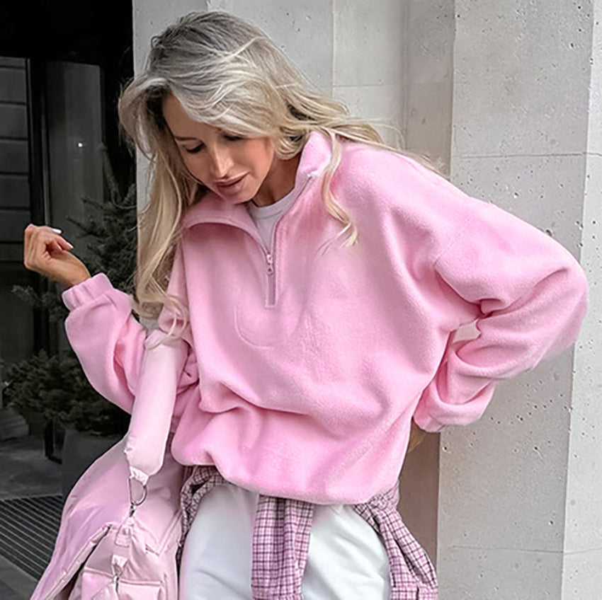 Solid Quarter Zip Pullover Sweatshirt Oversized Casual Chic