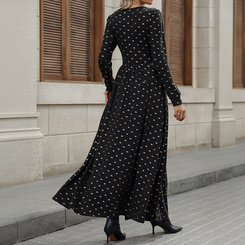 Elegant Vintage V Neck Lace Print Maxi Dress with Bow