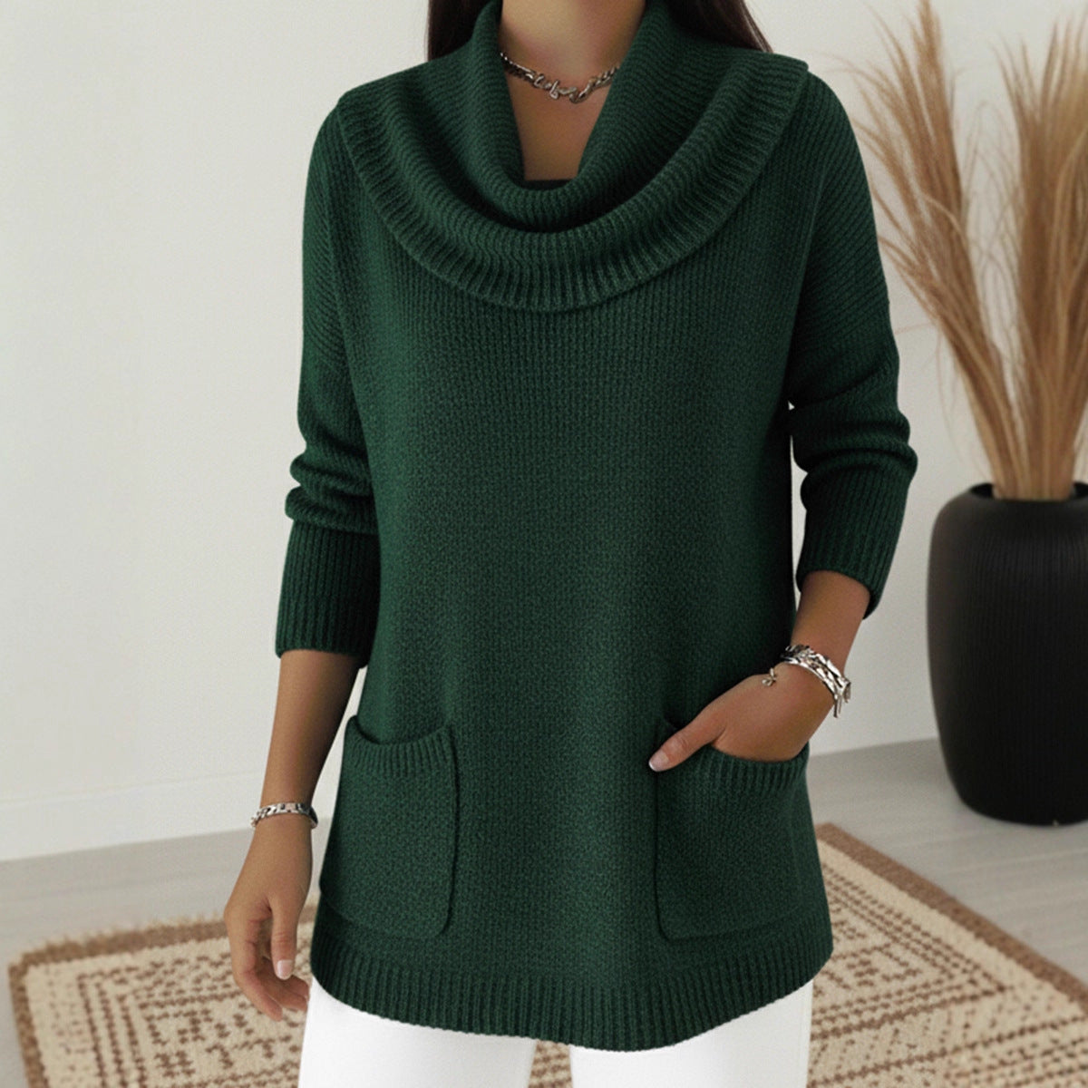 Tunic Sweater Cowl Neck Long Sleeve Top with Pockets