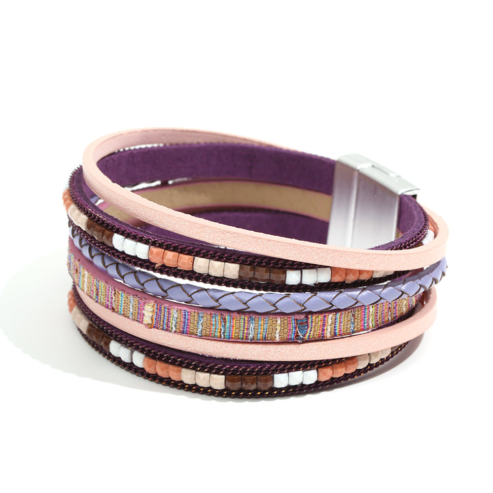 Boho Multi Layer Leather Wrap Bracelet with Magnetic Clasp