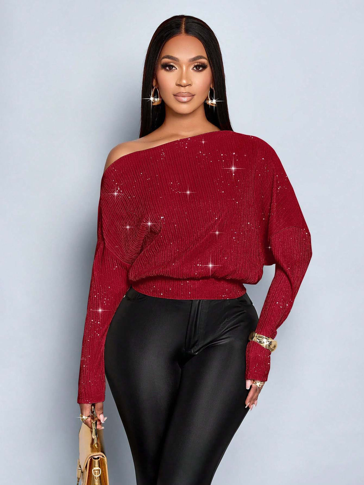 One Shoulder Glitter Batwing Sleeve Cinched Waist Knit Top
