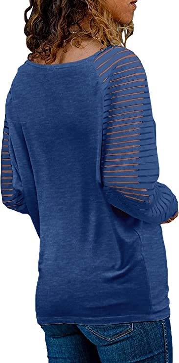 Striped Cotton Top Casual V Neck Sheer Sleeves