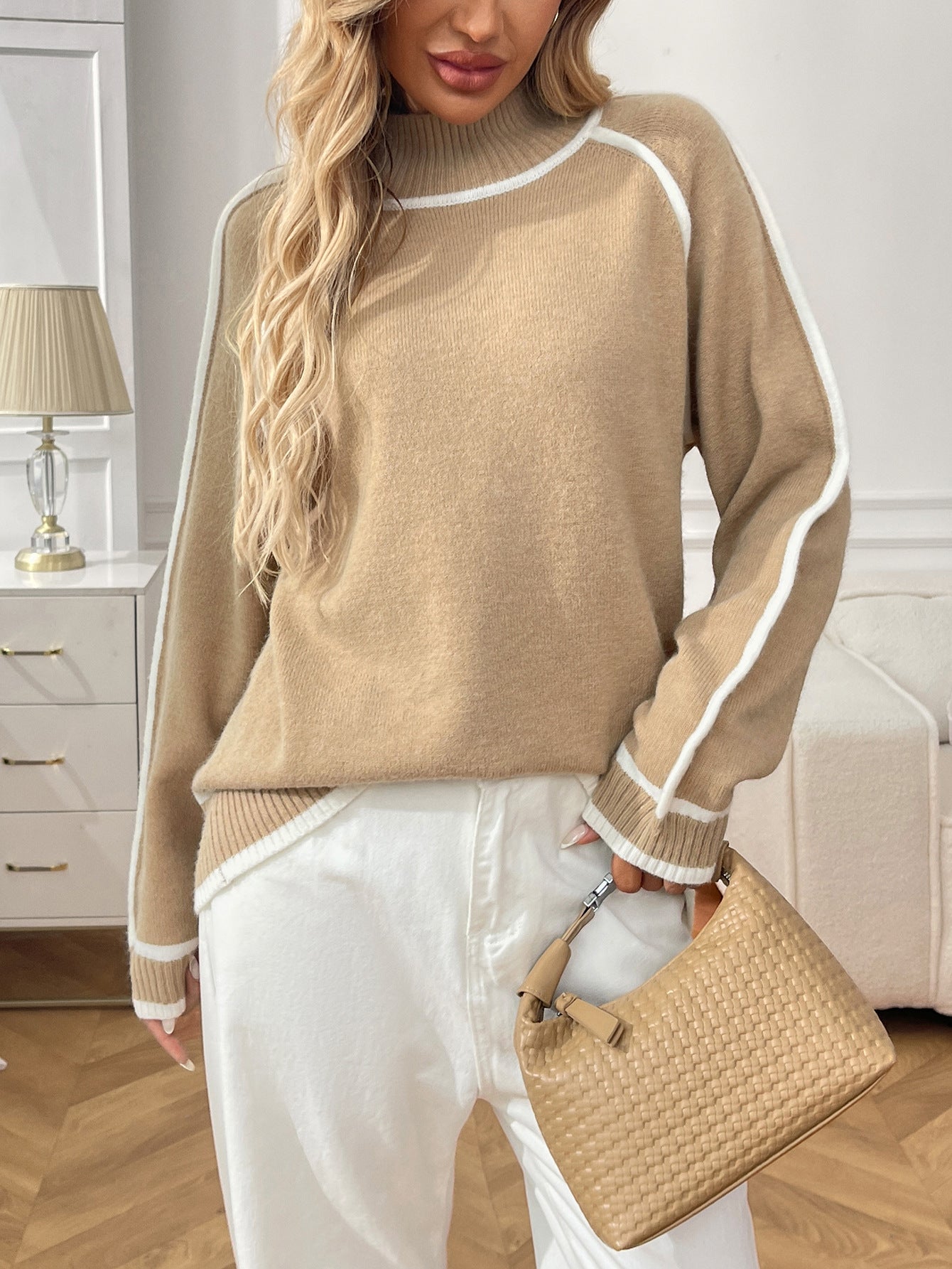 Colorblock Mock Neck Pullover Knit Sweater