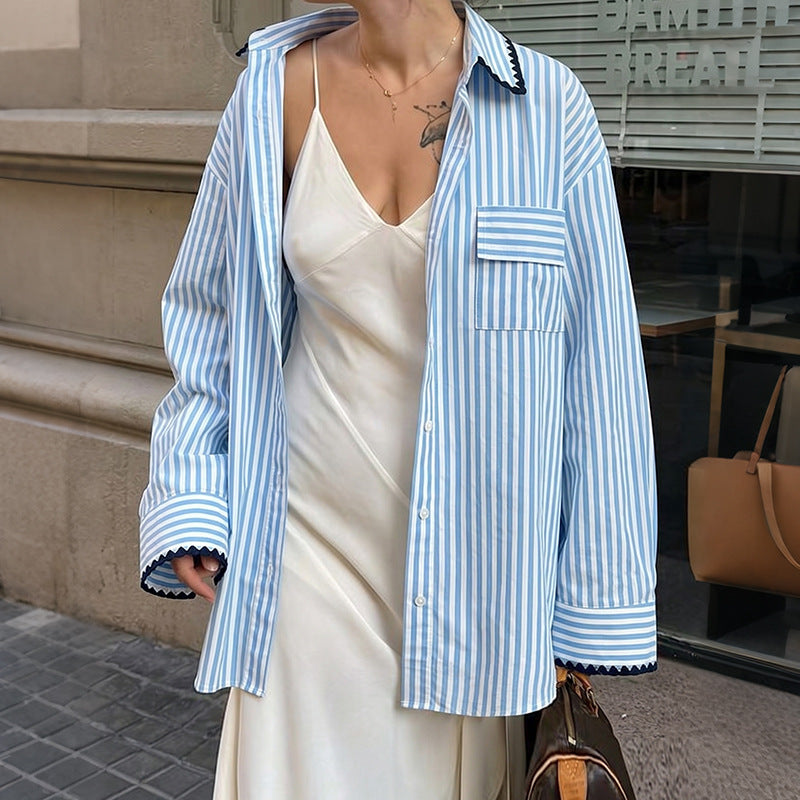 Striped  Shirt Preppy Oversized Button Front