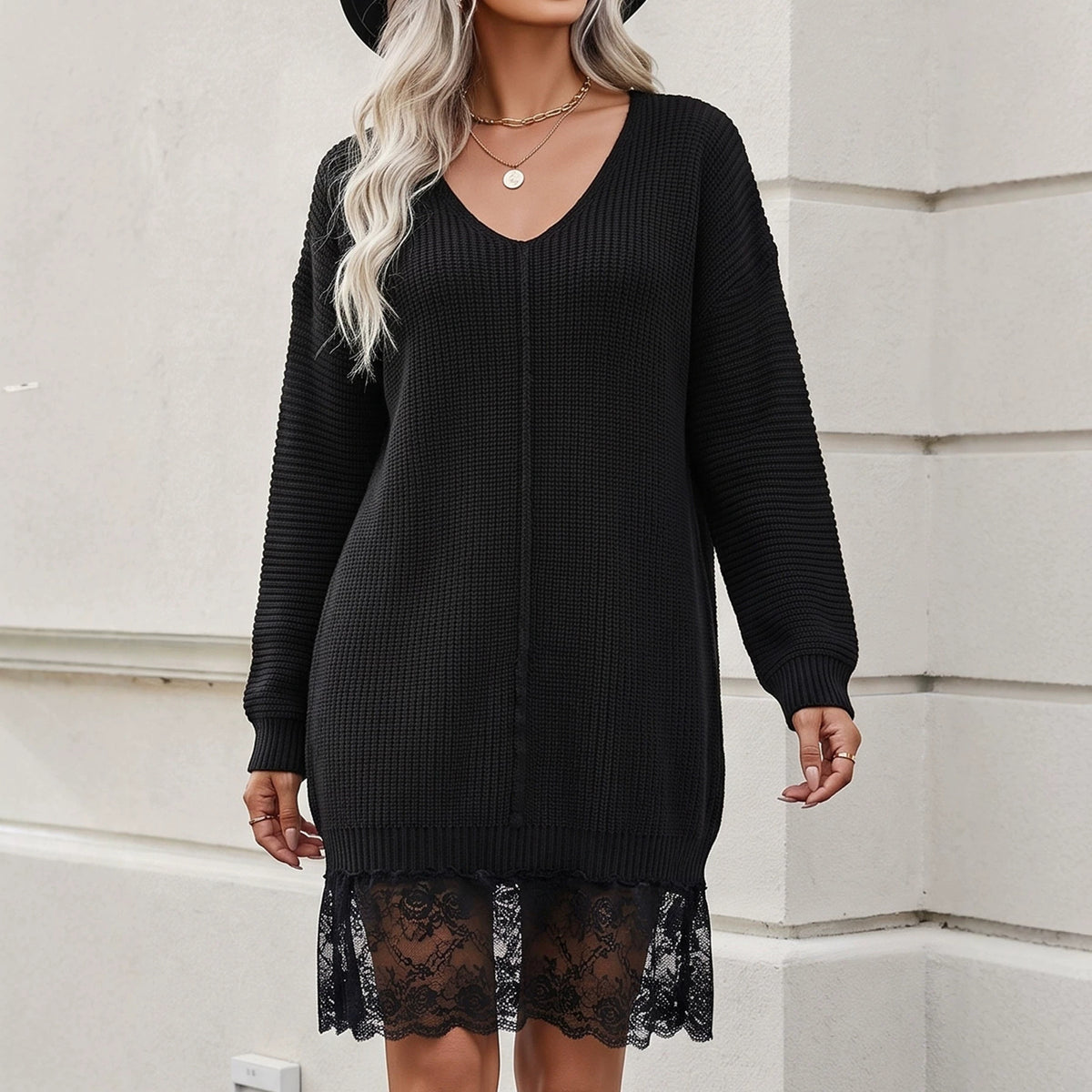 Women's V-Neck Lace Sweater Dress Long Sleeve Oversized