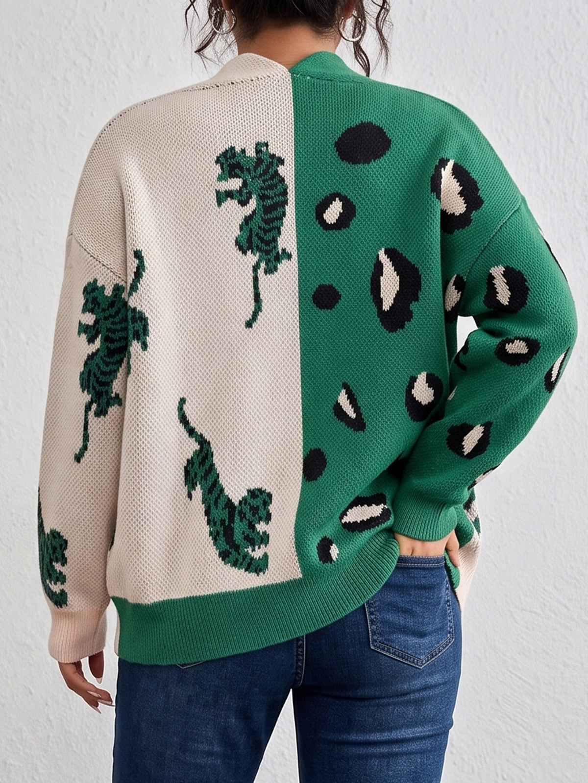 Color Block Leopard Print V-Neck Button Cardigan Sweater