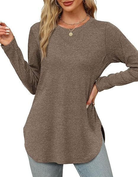 Women's Casual Long Sleeve Tunic Top Round Neck Side Slit