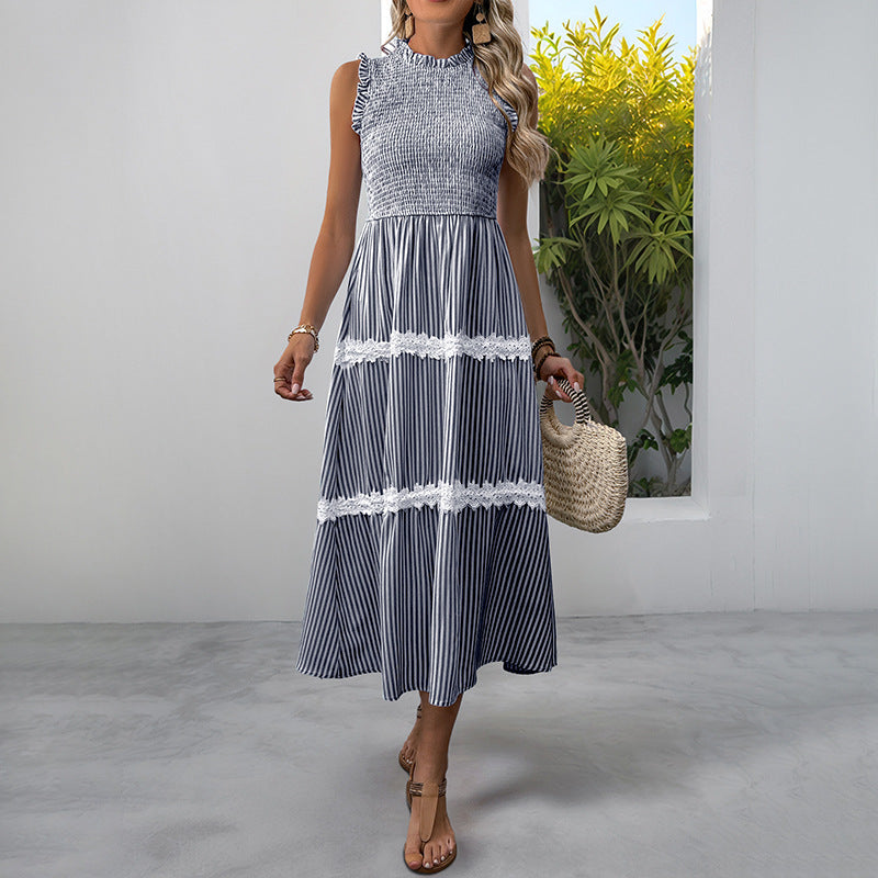 Striped Lace Trim Sleeveless Midi Dress for Summer