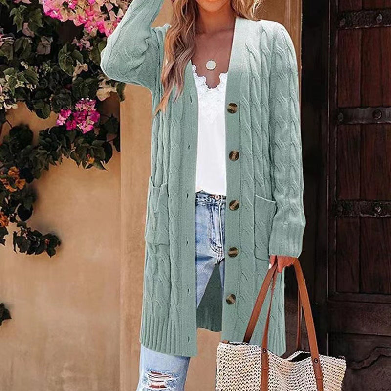 Women's Long Cable Knit Cardigan Button Down Pockets