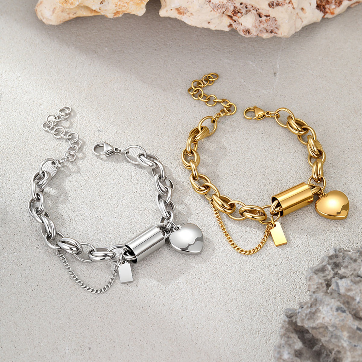 18K Gold Plated Heart Pendant Chunky Chain Bracelet