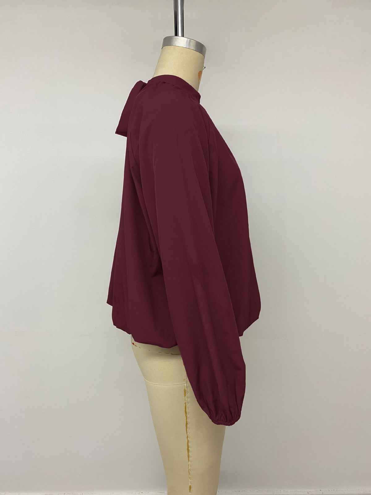 Tie Neck Mock Neck Blouse Gathered Long Sleeve Top