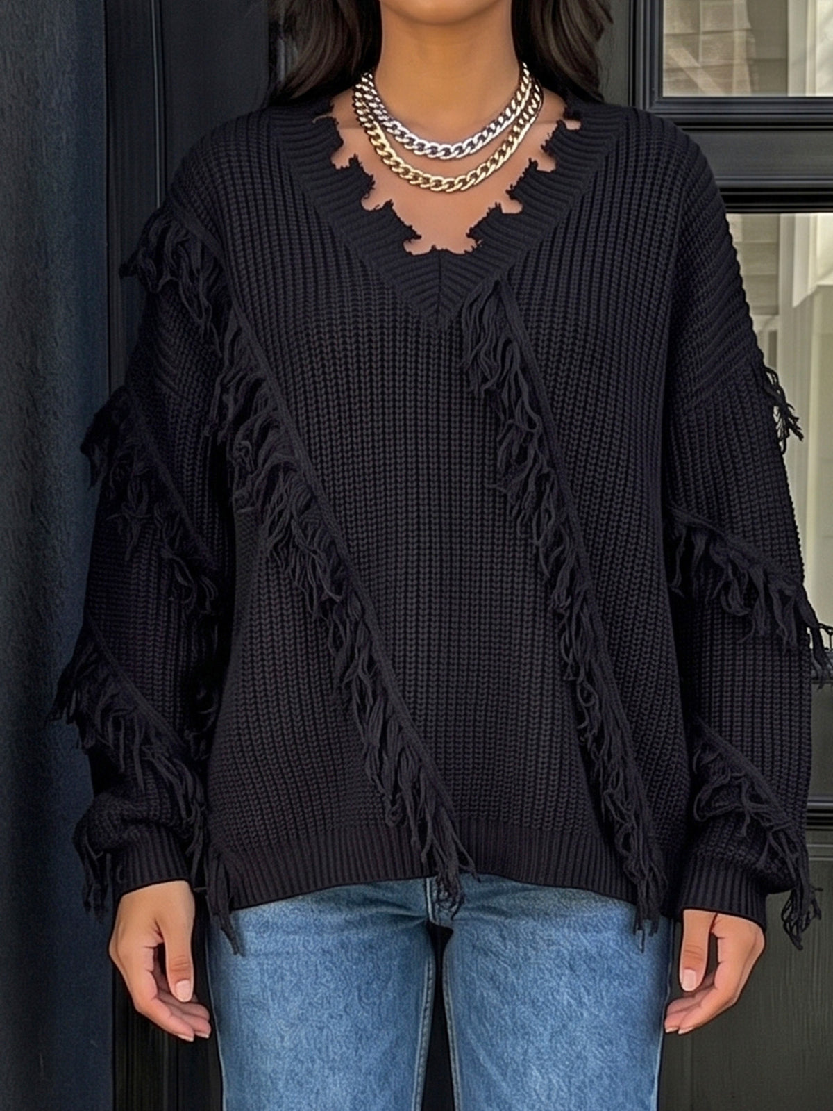 Women's Oversized V Neck Fringe Chunky Knit Sweater