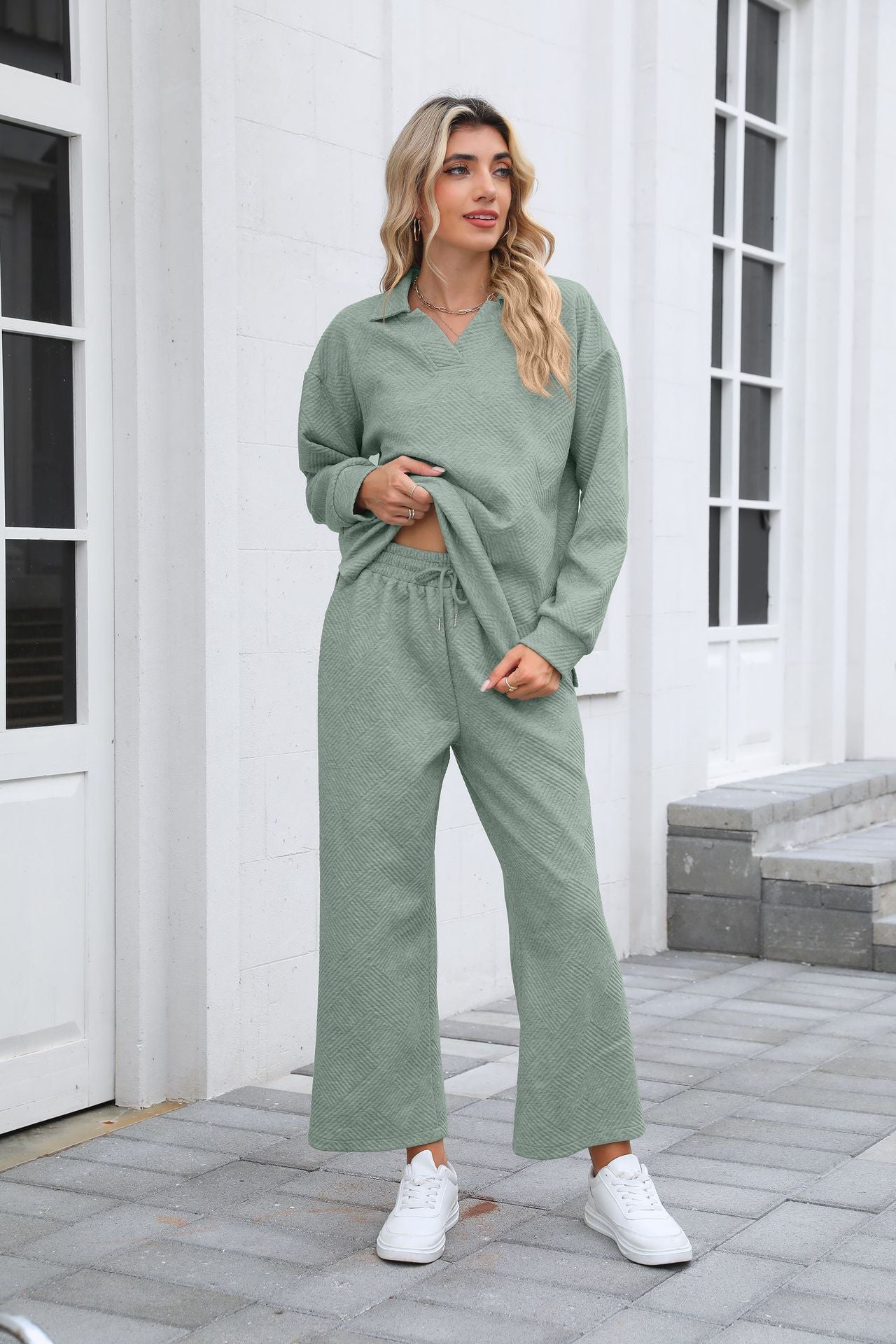 Women's Collared Sweatshirt & Wide Leg Pants Matching Set