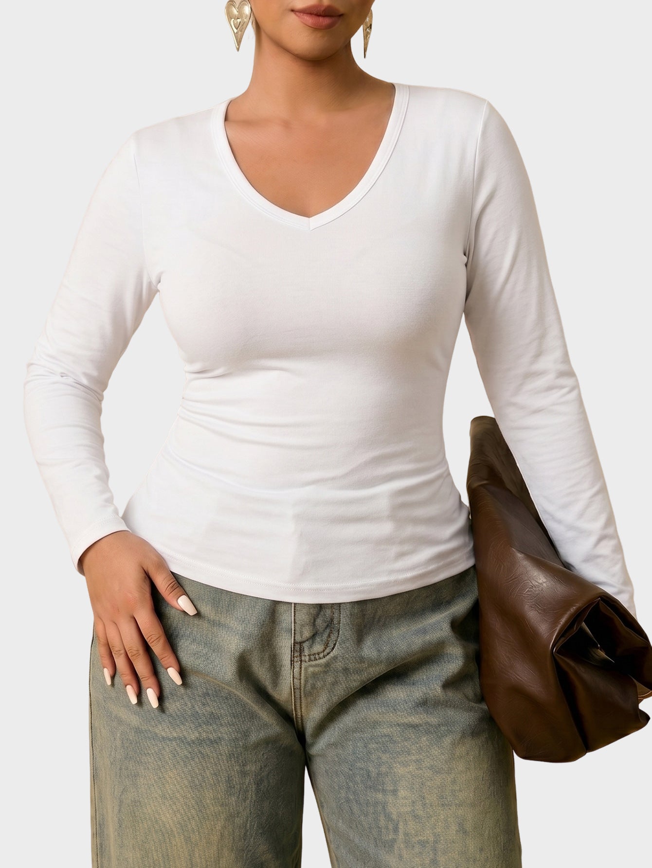 Solid Ribbed Long Sleeve Top V Neck Slim Fit Casual