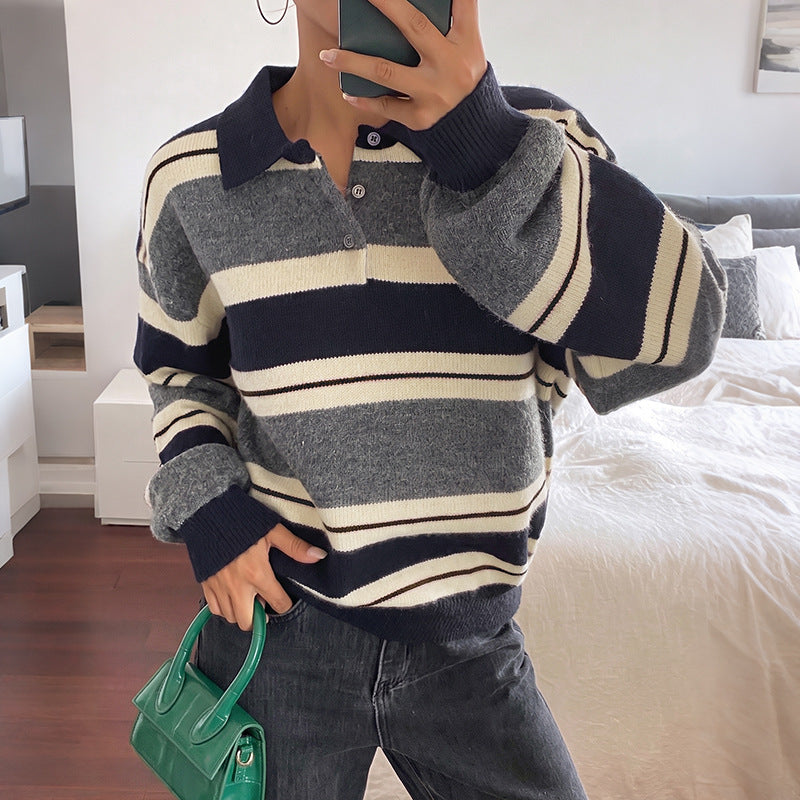 Striped Collared Button Pullover Knit Sweater
