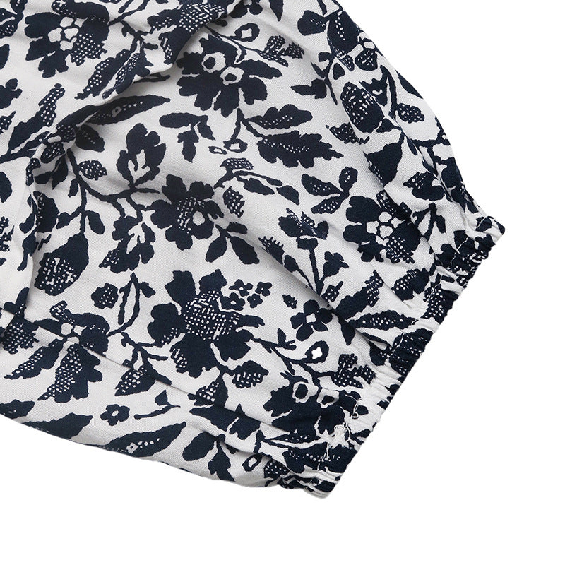 Floral Tie Neck Blouse Stand Collar Long Sleeve Top