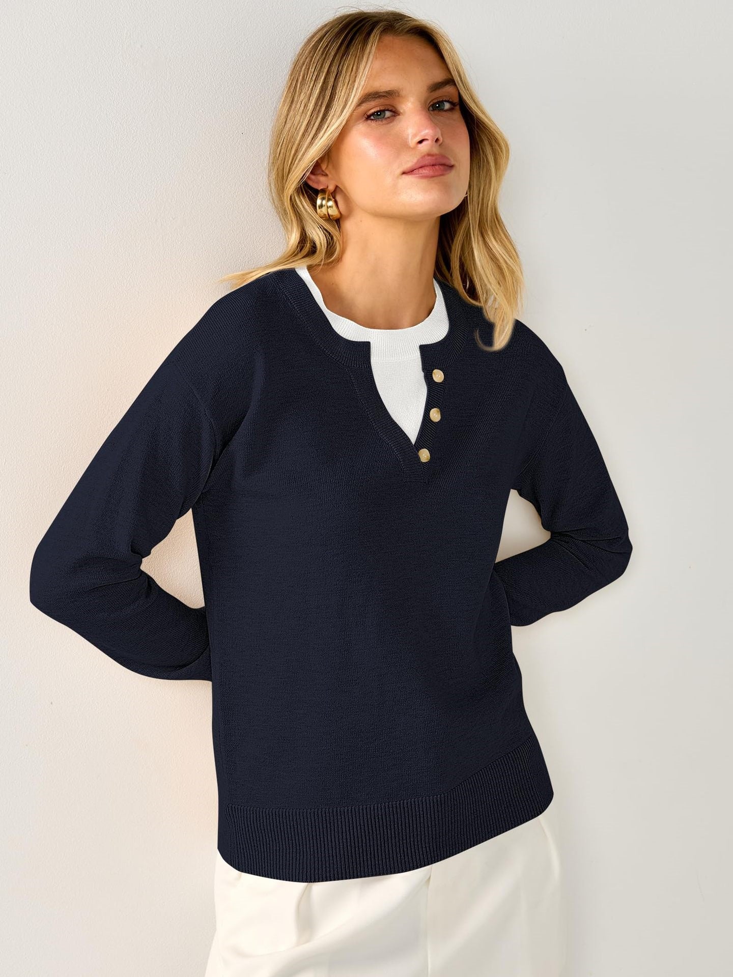 V Neck Button Contrast Knit Sweater Old Money Style