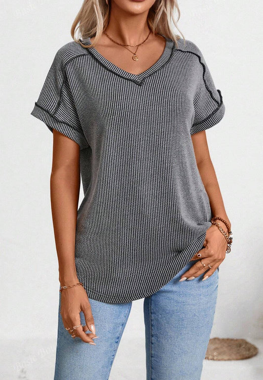 Two Tone Ribbed V Neck Short Sleeve Loose Knit Top