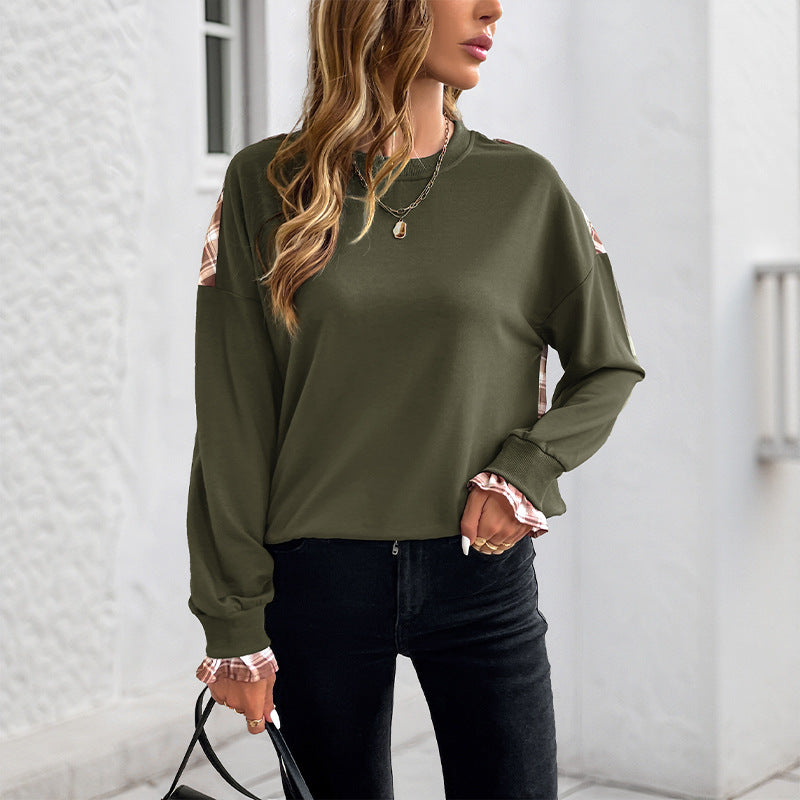 Plaid Patchwork Pullover Sweatshirt Layered Look Tops