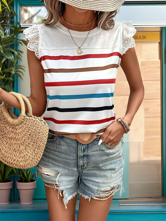 Striped T-Shirt with Lace Detailing and Short Sleeves
