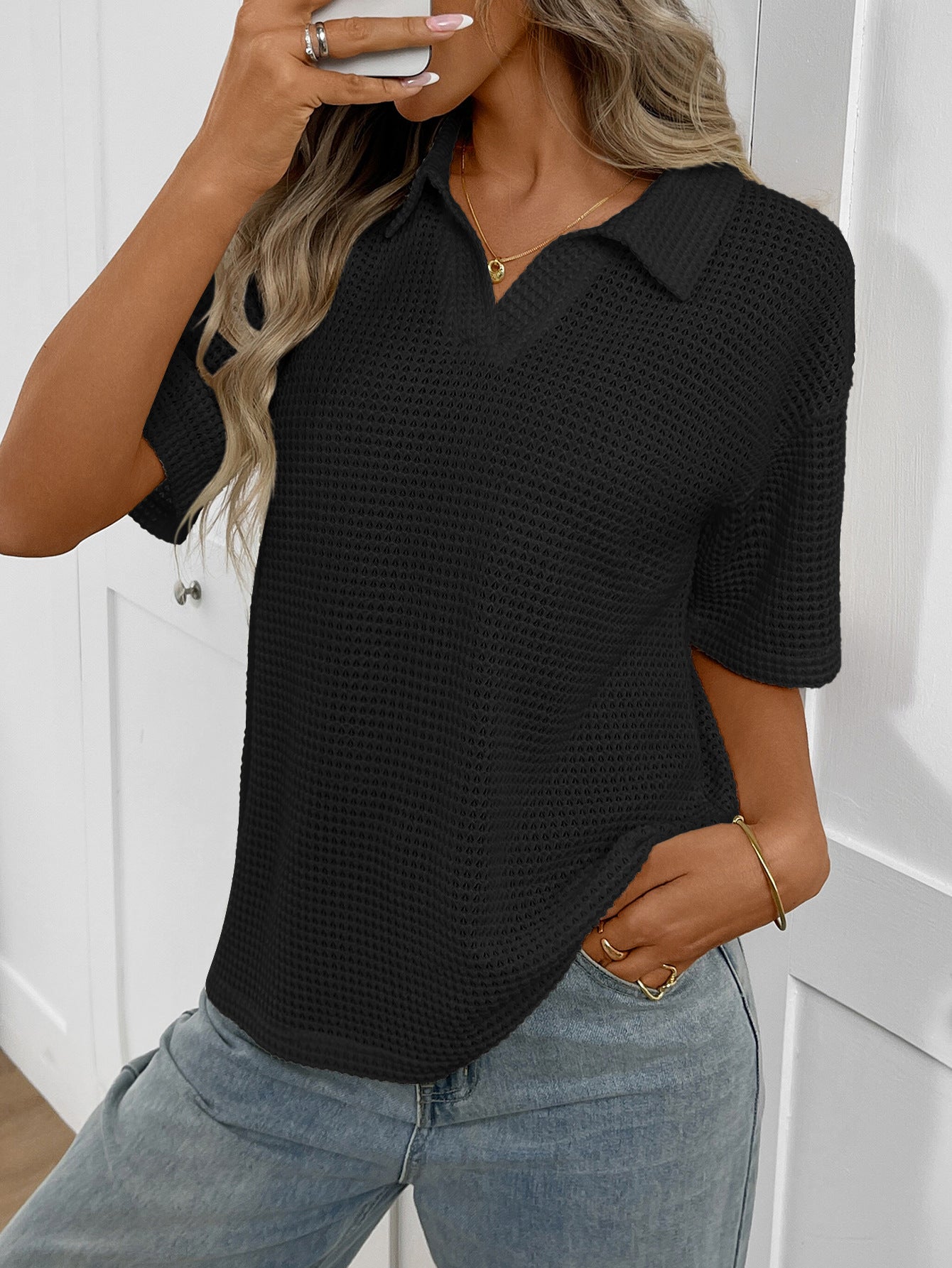 Striped Polo Collar Knit Short Sleeve Sweater Top