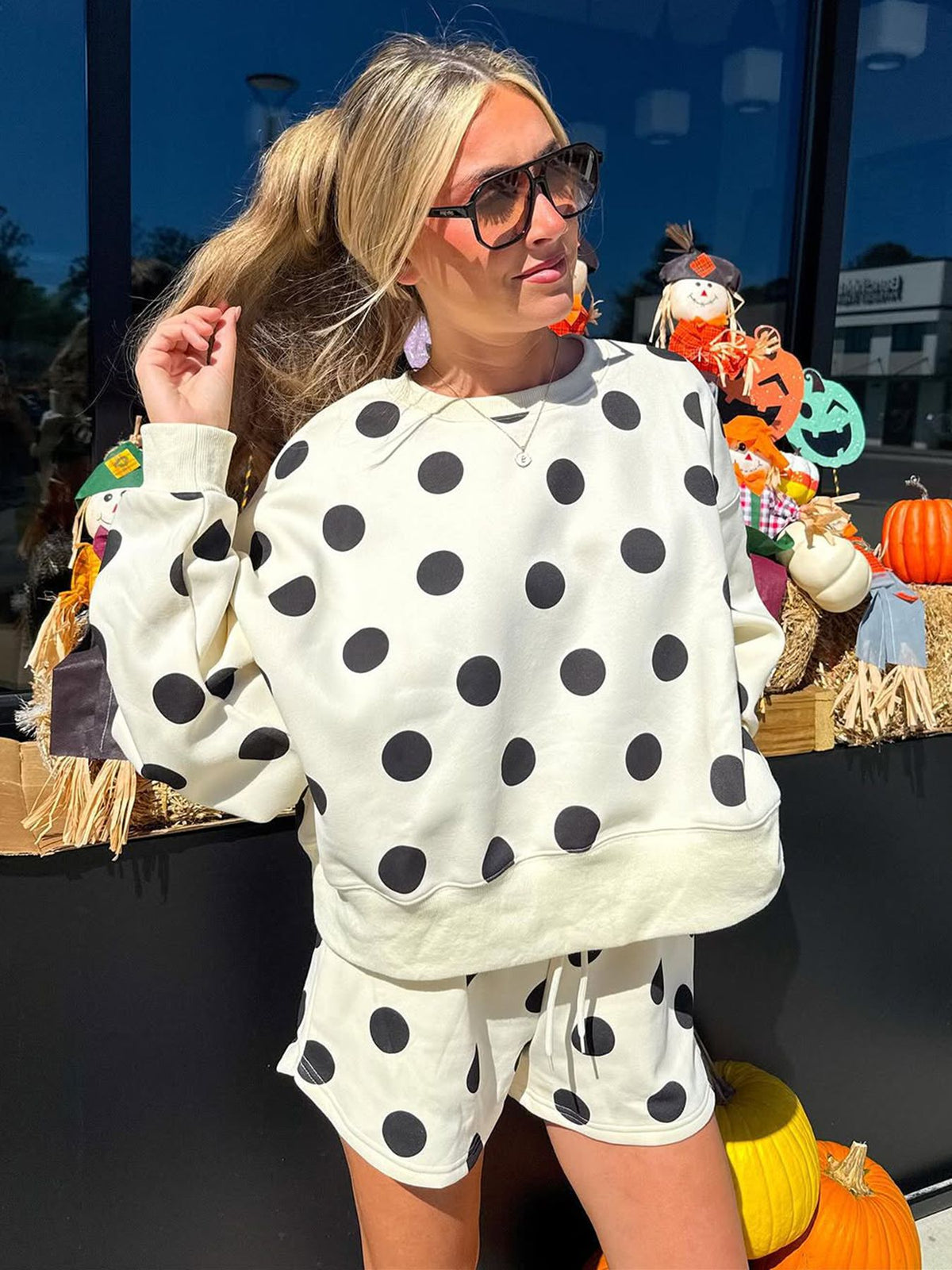 Polka Dot Crop Sweatshirt & Shorts Matching Set