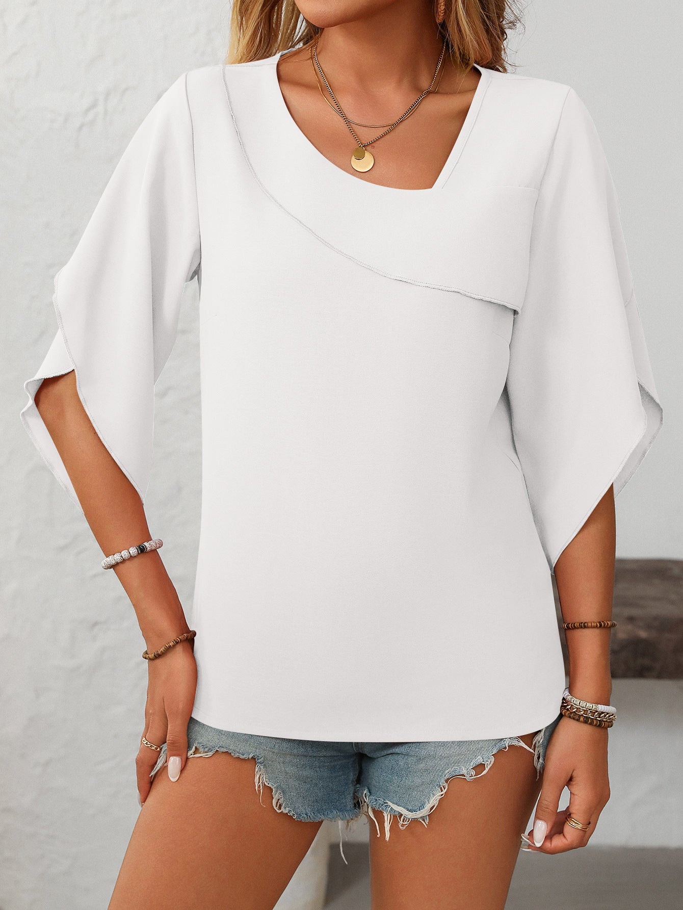Women's Ruffled Split Sleeve V-Neck Casual Flowing Chiffon Top