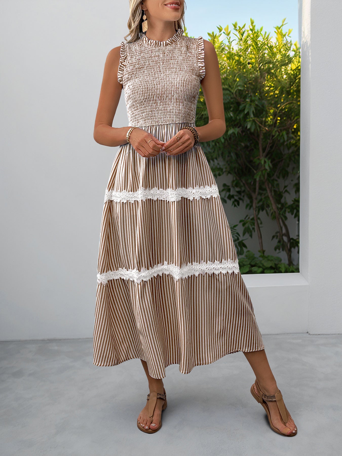 Striped Lace Trim Sleeveless Midi Dress for Summer