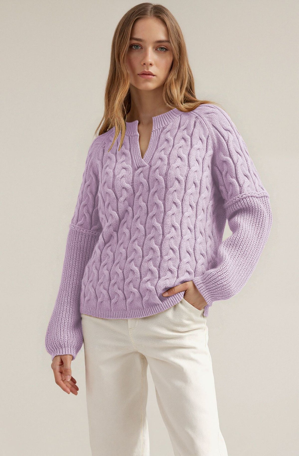 Women's Chunky Cable Knit V Neck Pullover Sweater