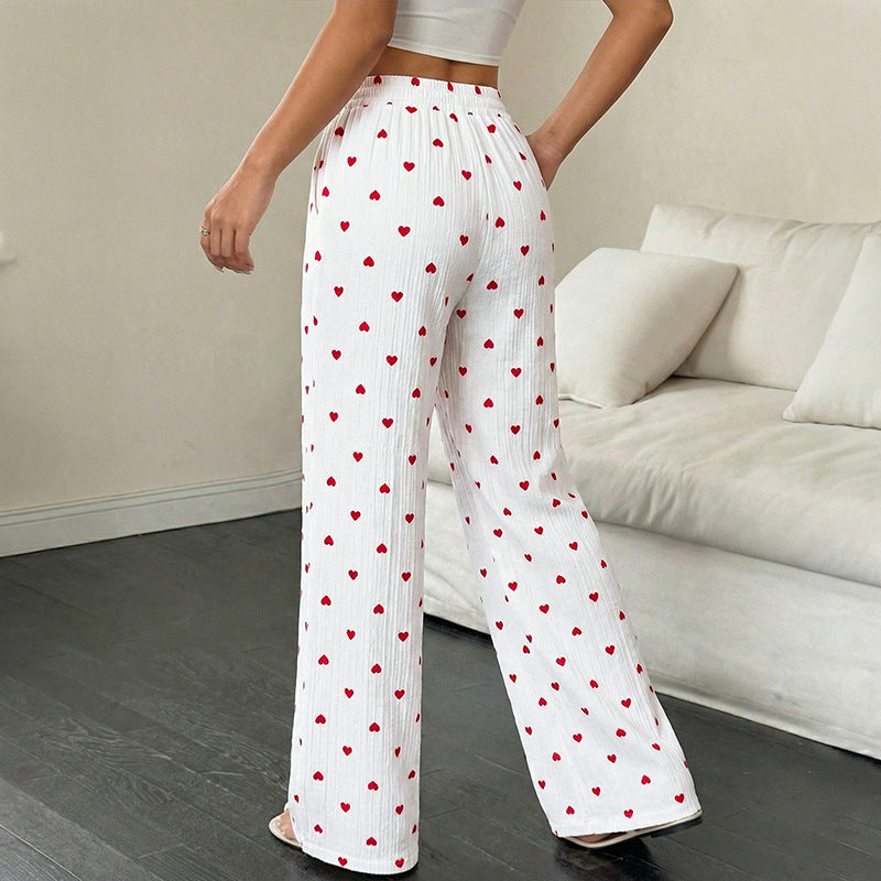 Heart Print Wide Leg Lounge Pants Casual Summer Drawstring