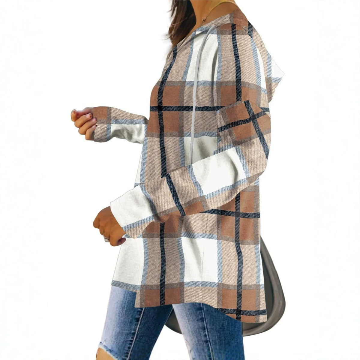 Women's Plaid V-Neck Fleece Hoodie Pullover