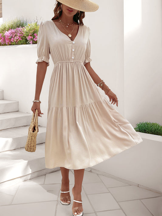 High Waist Solid Color Casual Midi Dress for Women