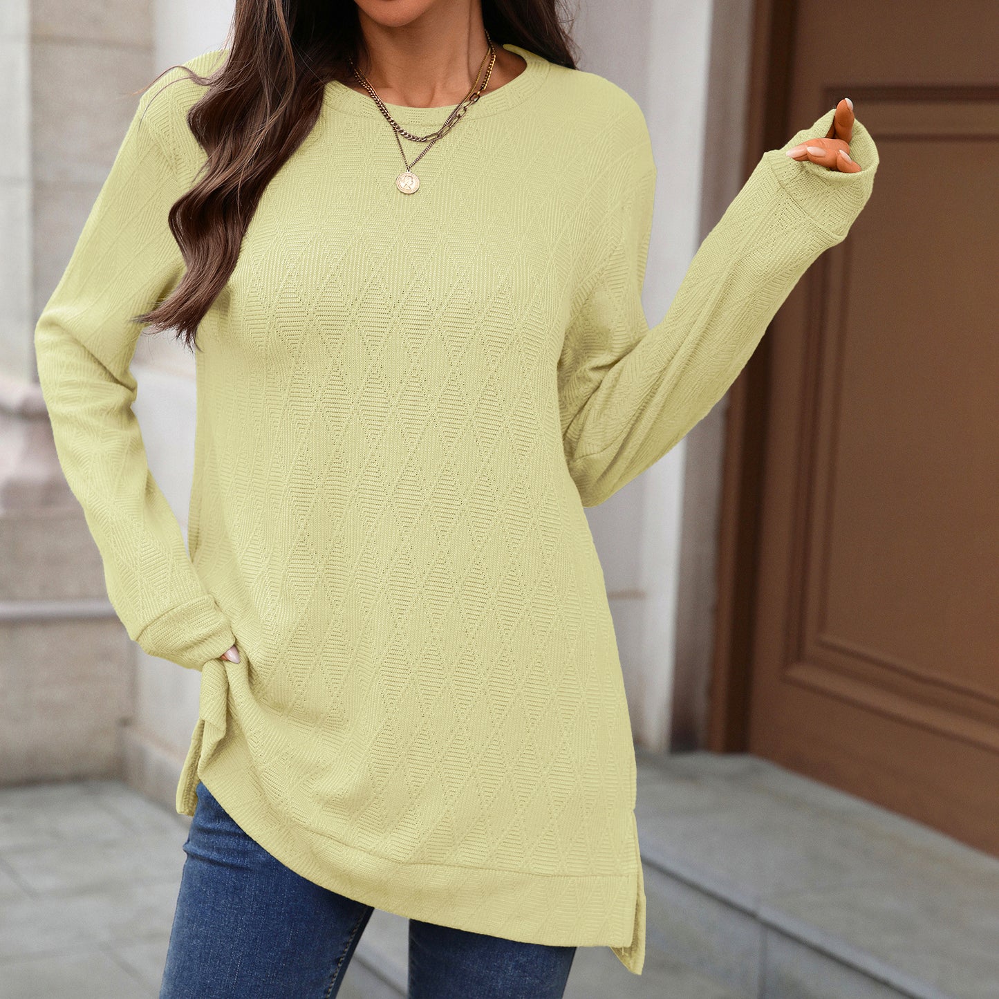Women's Oversized Geometric Tunic Top Side Slit Long Sleeve