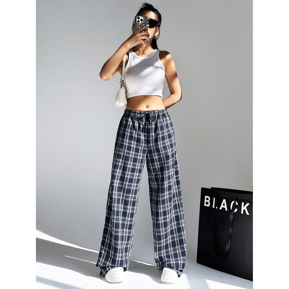 Gingham Check Wide Leg Casual Pants