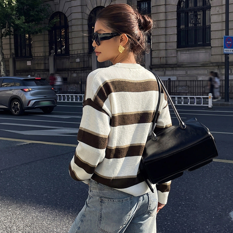 Brown Stripe Crew Neck Oversized Sweater