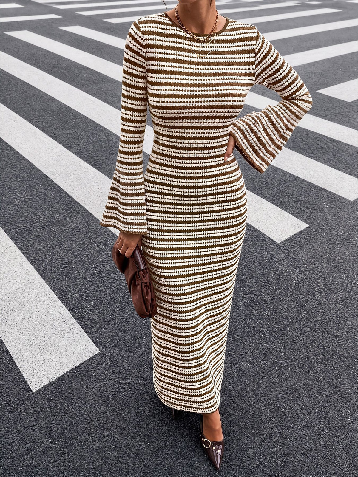 Women's Striped Knit Bodycon Dress Open Back Flare Sleeve