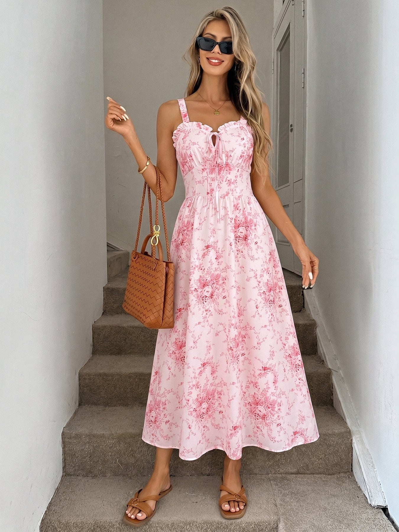 Pink Floral Square Neck Sleeveless Summer Long Dress Elegant Fit