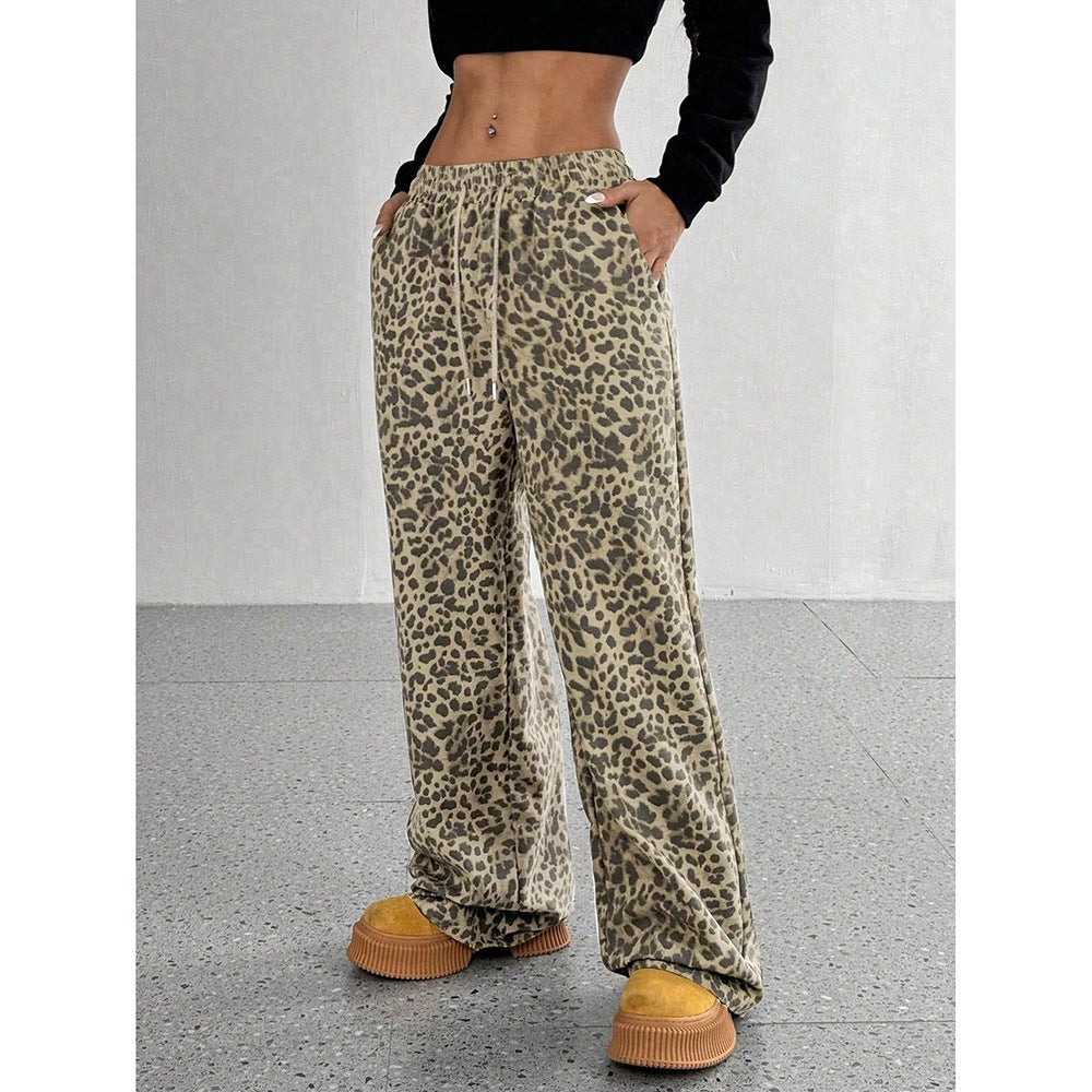Leopard Print Wide Leg Pants Y2K Casual Streetwear
