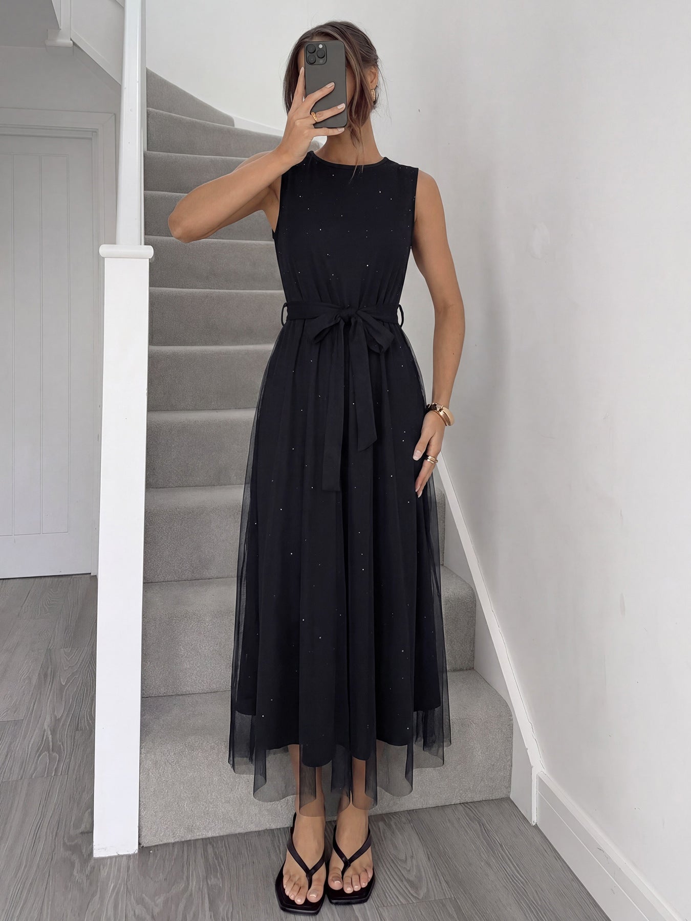 Black Mesh Maxi Dress Elegant Sleeveless Party Dress