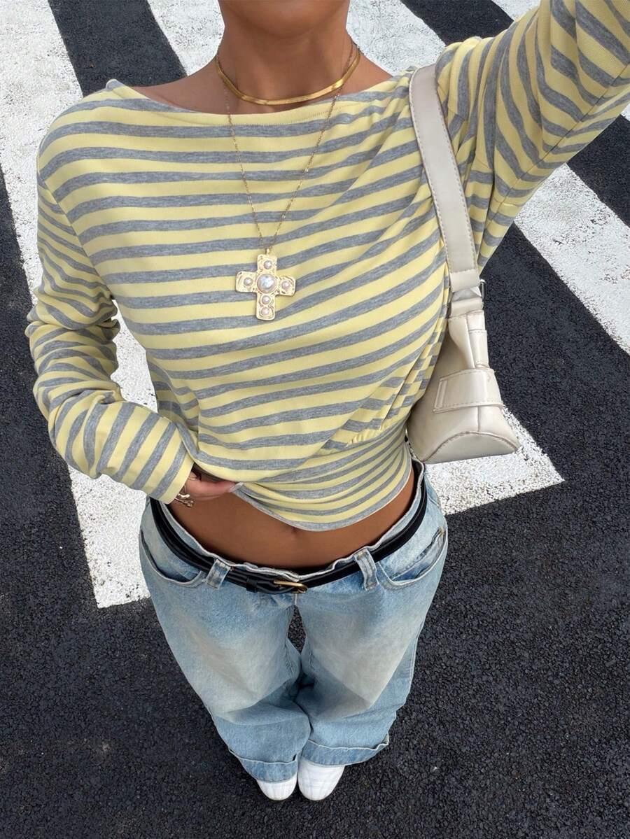 Y2K Striped Off Shoulder Long Sleeve Ribbed Crop Top