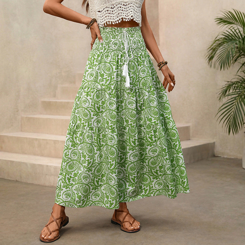 Green Boho Print High Waist Split Maxi Skirt Summer