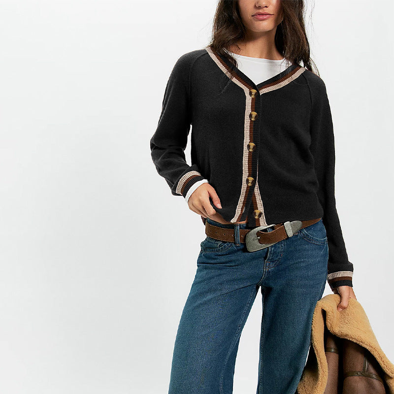 Color Block V Neck Button Front Knit Cardigan Sweater