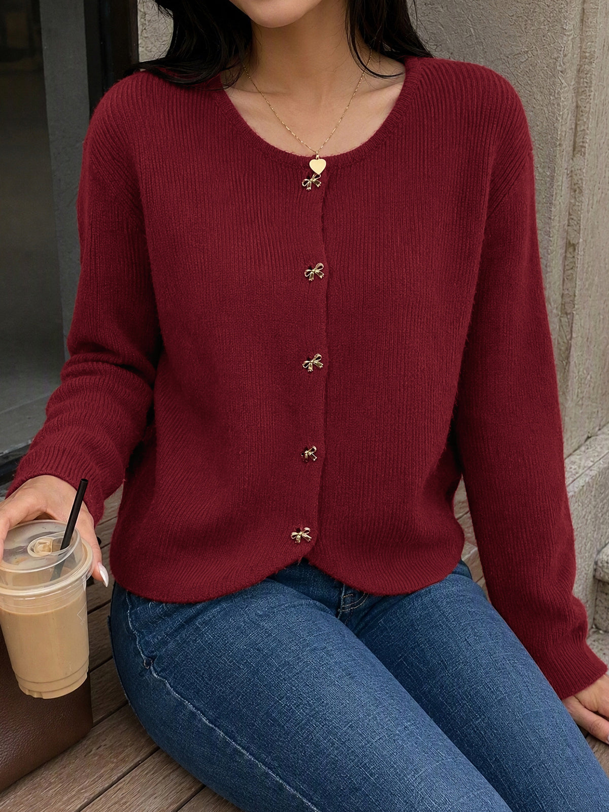 Women's Burgundy Crew Neck Gold Button Cardigan Sweater