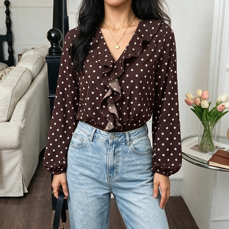 Polka Dot Ruffle V Neck Bodysuit Long Sleeve Top