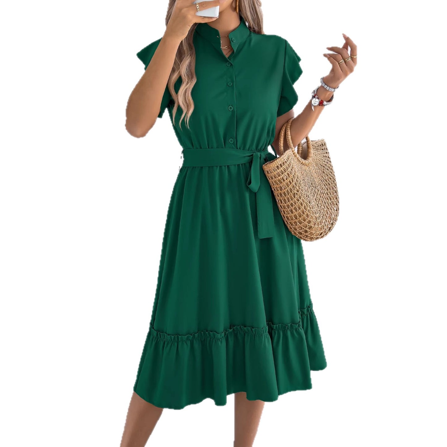 Light Blue Ruffle Hem Tie Waist Shirt Midi Dress