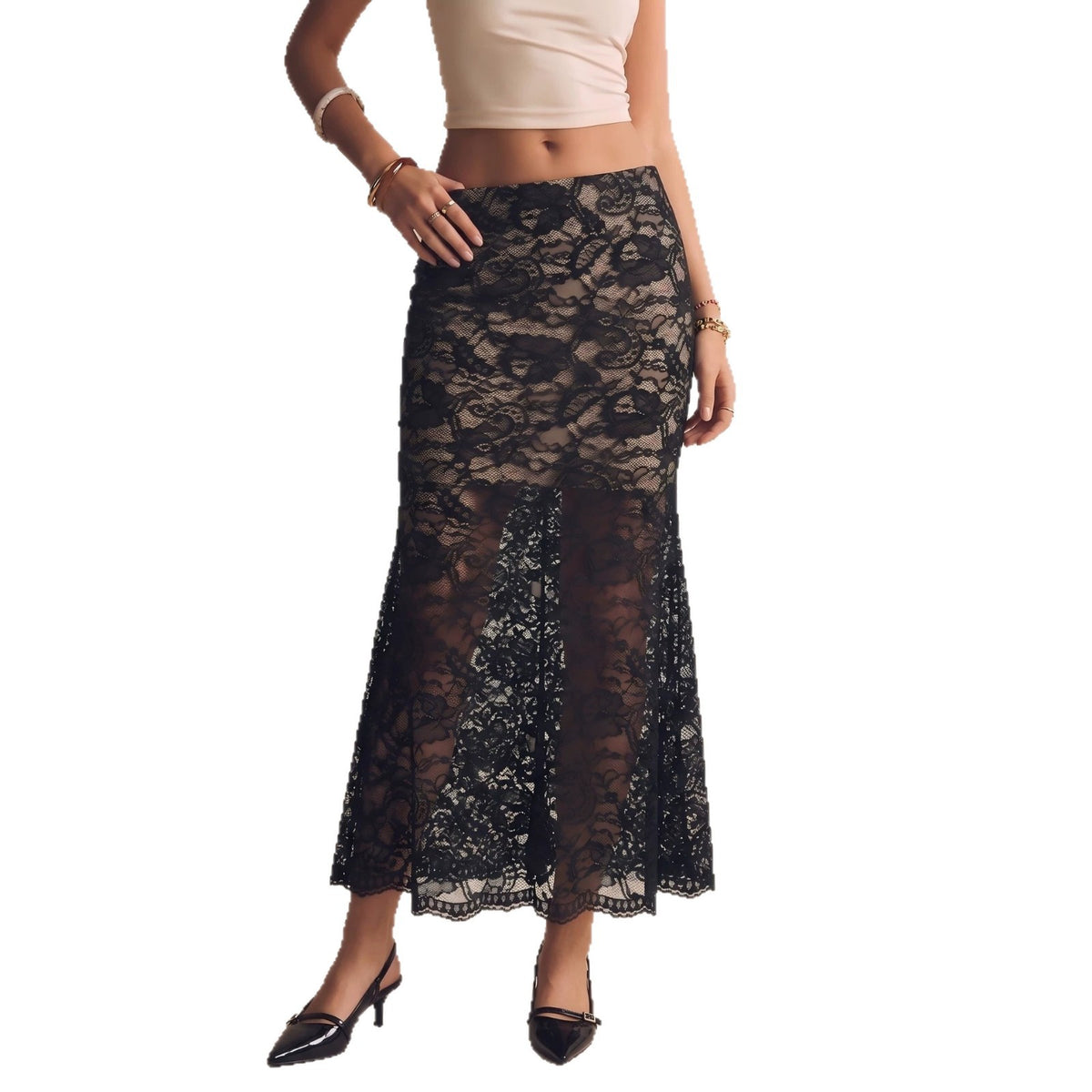 Black Lace Maxi Skirt High Waist Slit Floral Sexy